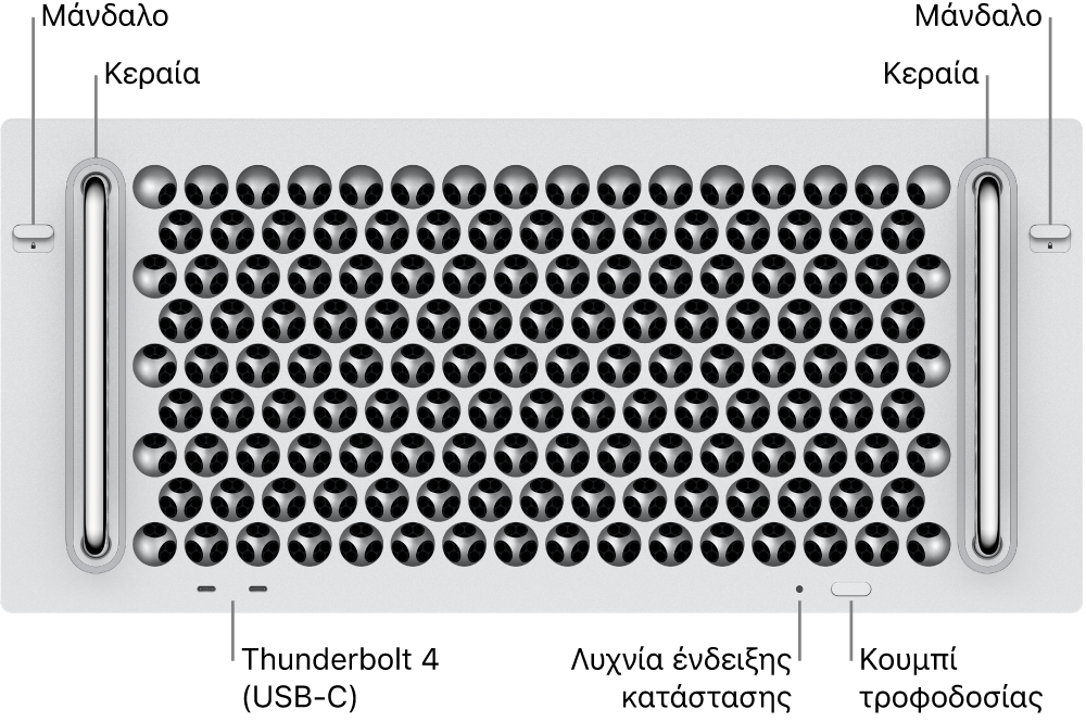 Το πάνω μέρος του Mac Pro, όπου φαίνονται δύο σύρτες, δύο κεραίες, το κουμπί τροφοδοσίας, η ενδεικτική λυχνία κατάστασης, και δύο θύρες Thunderbolt 4 (USB-C).