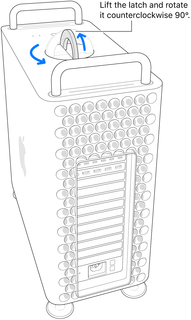 The first step to remove the computer’s housing by lifting the latch and rotating it at 90 degrees.