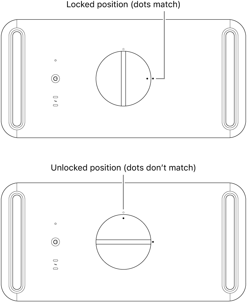 Top of the computer’s housing showing the latch in the locked and unlocked position.