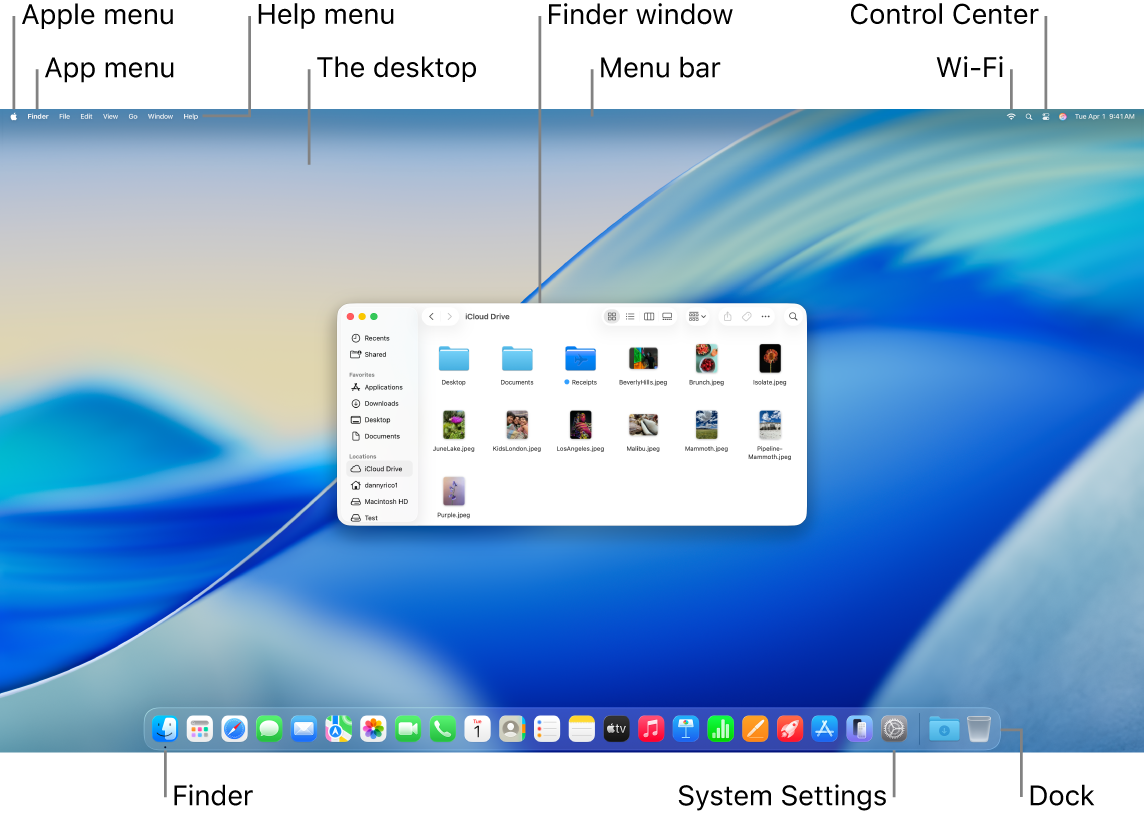 Mac screen showing the Apple menu, the app menu, the Help menu, the desktop, the menu bar, a Finder window, the Wi-Fi icon, the Control Center icon, the Finder icon, the System Settings icon, and the Dock.