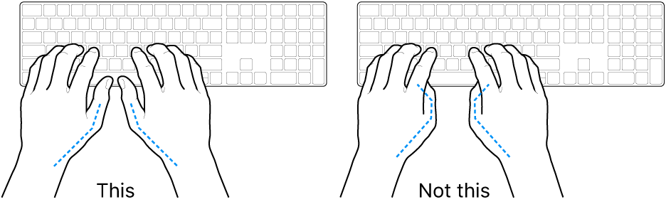 Hands positioned over a keyboard, showing correct and incorrect placement of thumbs.