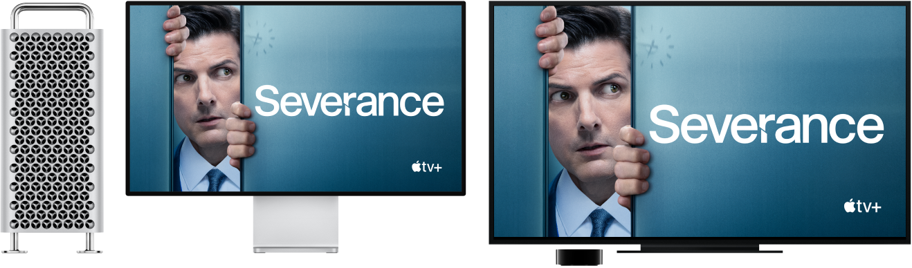 A Mac Pro with its content mirrored on a large HDTV using an Apple TV.