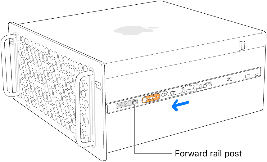 Mac Pro with a rail sliding forward and locking into place.