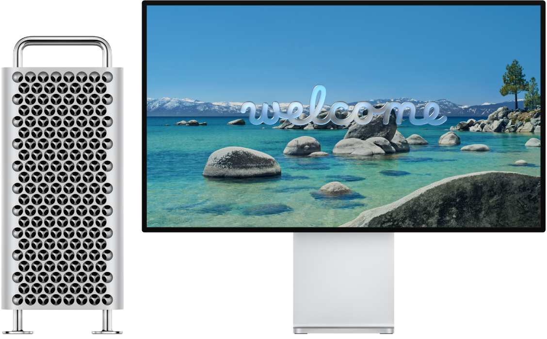 A Mac Pro and a Pro Display XDR side by side with “Welcome” on the screen.