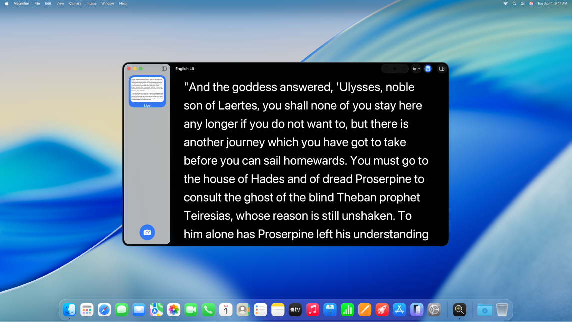 The Magnifier app showing an excerpt from a book displayed at a larger size..