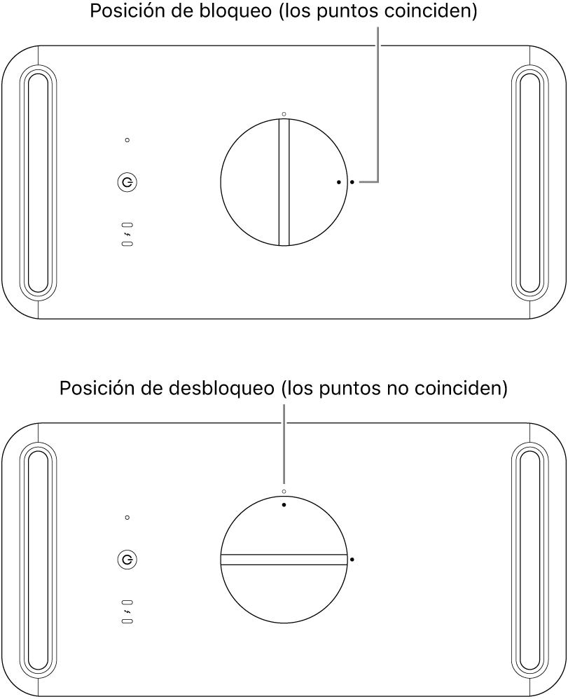 Parte superior de la carcasa del ordenador donde se muestra el cierre en las posiciones de bloqueo y de desbloqueo.