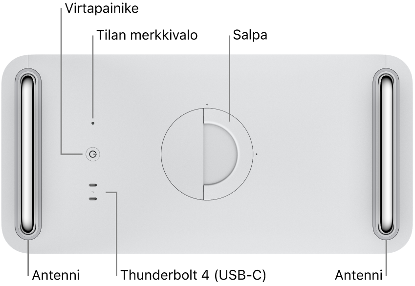 Mac Pron yläpuoli, jossa näkyvät virtapainike, tilan merkkivalo, salpa, kaksi Thunderbolt 4 (USB-C) ‑porttia ja kaksi antennia, toinen vasemmalla ja toinen oikealla.