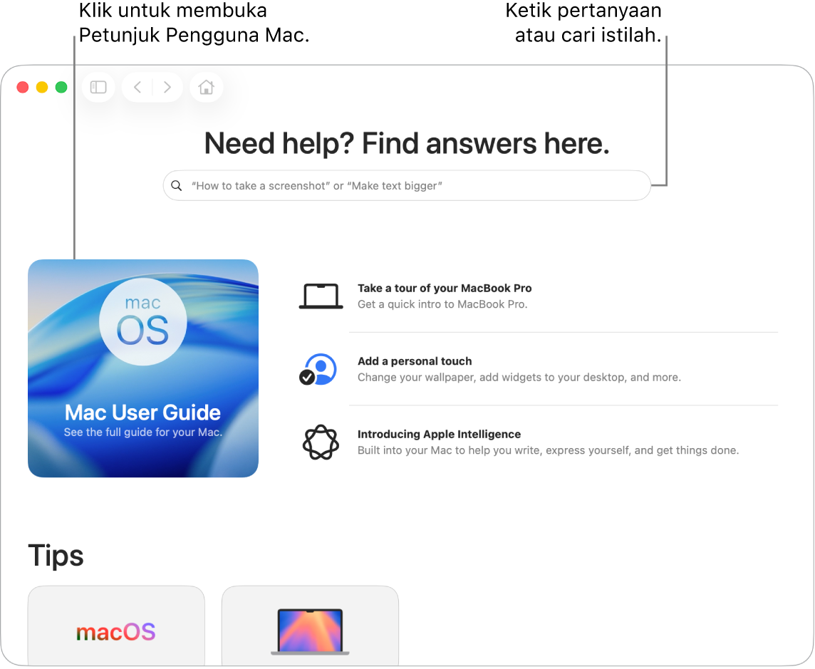Halaman Awal App Kiat yang menampilkan Petunjuk Pengguna Mac, bidang pencarian, dan topik yang disarankan.