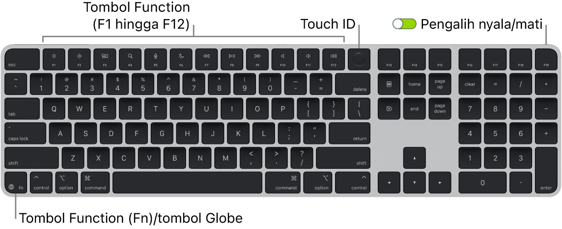 Magic Keyboard dengan Touch ID dan Keypad Numerik menampilkan baris tombol function dengan Touch ID di sepanjang bagian atas dan tombol Function (Fn)/Globe di kiri bawah.