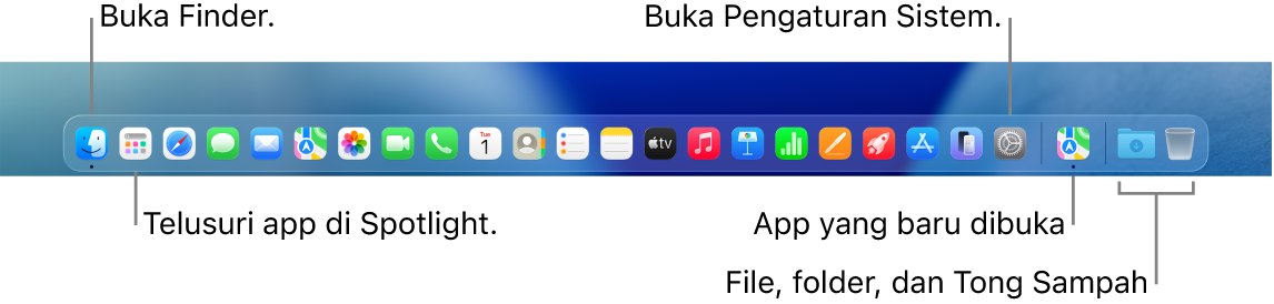 Dock, menampilkan Finder, Pengaturan Sistem, dan pemisah di Dock yang memisahkan app dari file dan folder.