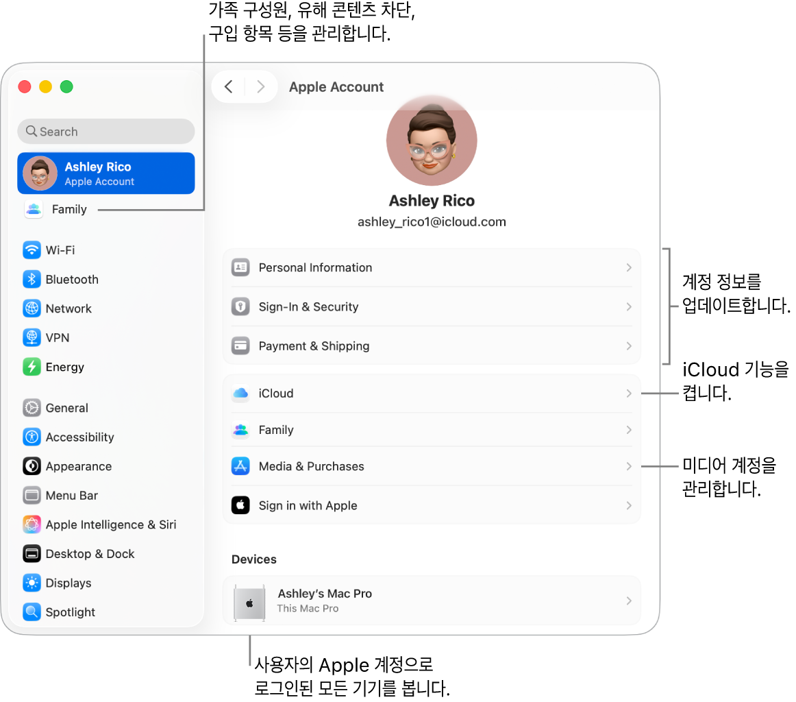 계정 정보 업데이트, iCloud 기능 켜기 또는 끄기, 미디어 계정 관리 및 가족 구성원, 유해 콘텐츠 차단, 구입 항목 등을 관리할 수 있는 가족에 대한 설명이 있는 시스템 설정의 Apple 계정 설정.