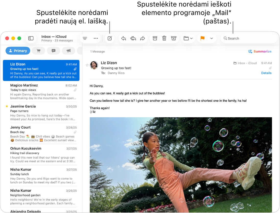 Programos „Mail“ langas, kuriame šalia šoninės juostos rodomas laiškų sąrašas, o dešinėje – pasirinkto laiško turinys. Paaiškinimų figūra nurodo paieškos lauką.