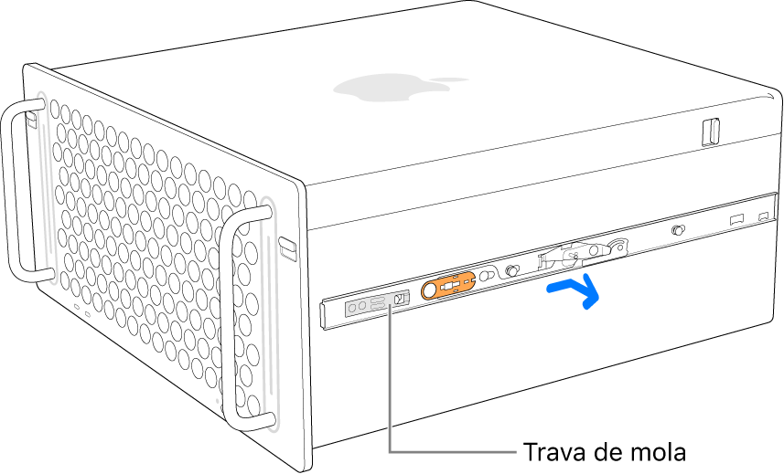 Um trilho sendo desprendido da lateral do Mac Pro.