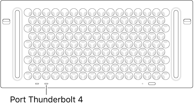 Partea de sus a Mac Pro-ului, indicând portul Thunderbolt 4 corect pentru utilizare.