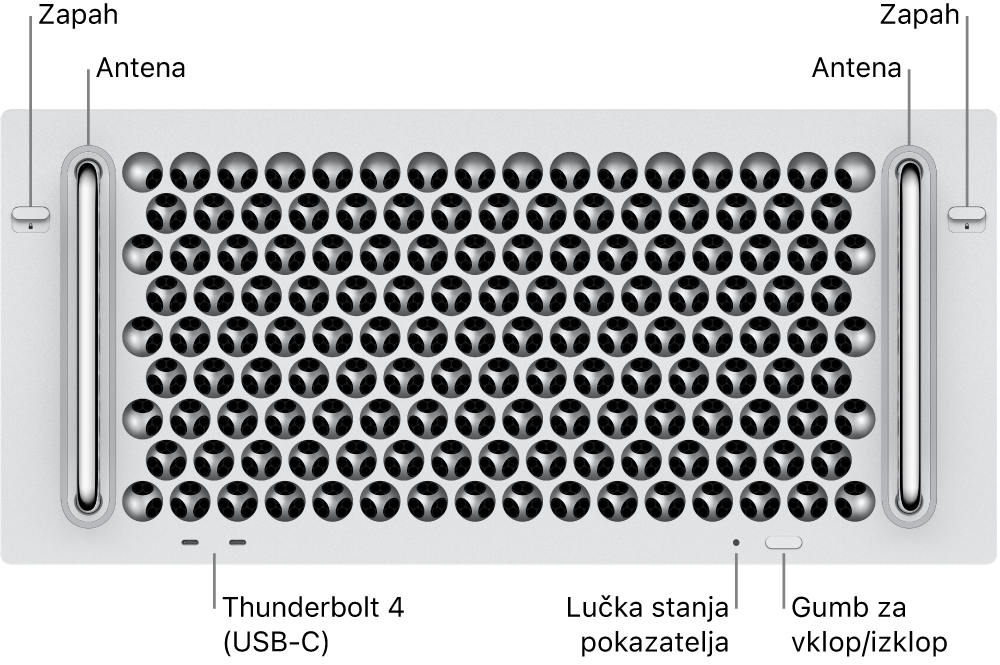 Na sprednji strani računalnika Mac Pro sta dva zapaha, dve anteni, gumb za vklop, indikator lučke stanja in dva vhoda Thunderbolt 4 (USB-C).
