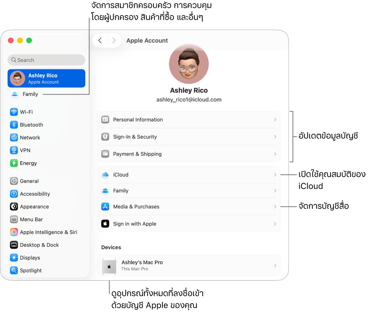การตั้งค่าบัญชี Apple ในการตั้งค่าระบบที่มีตัวชี้บรรยายไปยังการอัปเดตข้อมูลบัญชี, เปิดใช้หรือปิดใช้คุณสมบัติ iCloud, จัดการบัญชีสื่อ และครอบครัว ซึ่งคุณสามารถจัดการสมาชิกครอบครัว การควบคุมโดยผู้ปกครอง การซื้อสินค้า และอื่นๆ ได้