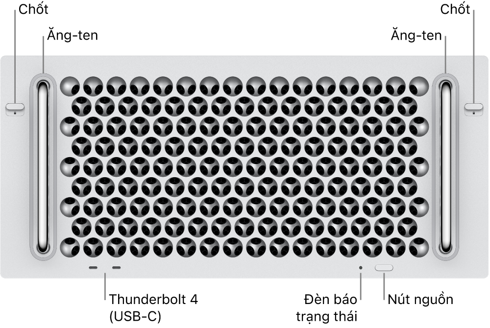 Mặt trước của Mac Pro đang hiển thị hai chốt, hai ăng-ten, nút nguồn, đèn báo trạng thái và hai cổng Thunderbolt 4 (USB-C).