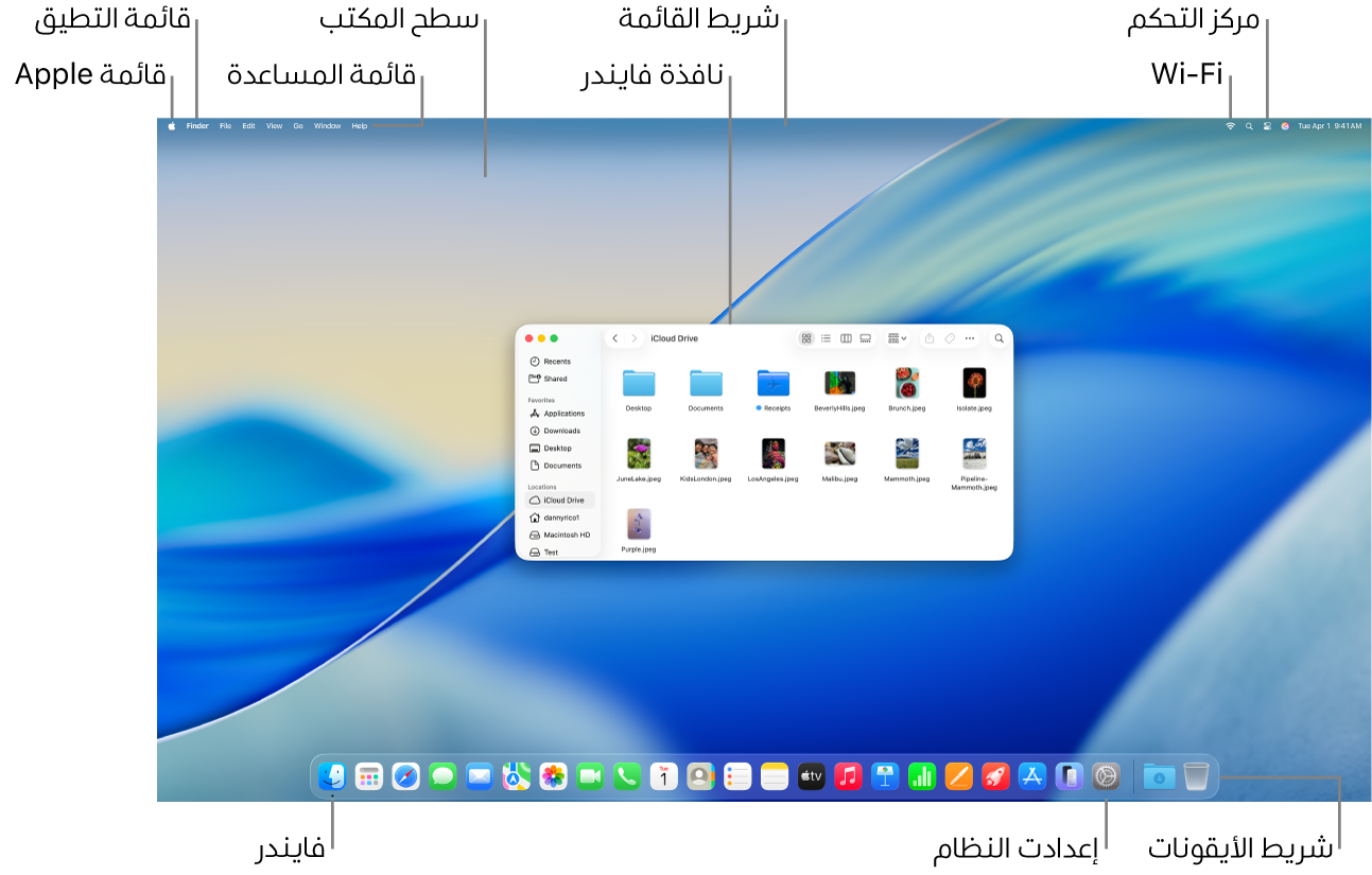 شاشة Mac تعرض قائمة Apple وقائمة التطبيق وقائمة المساعدة وسطح المكتب وشريط القوائم ونافذة فايندر وأيقونة Wi-Fi وأيقونة مركز التحكم وأيقونة فايندر وأيقونة إعدادات النظام وشريط الأيقونات.