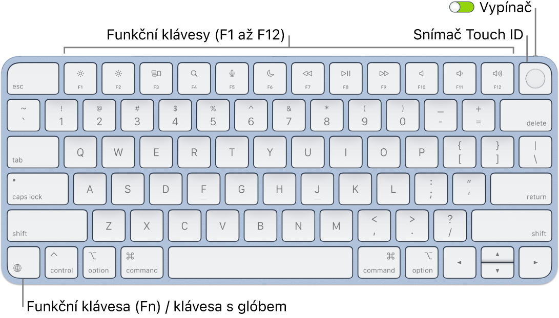 Klávesnice Magic Keyboard s Touch ID, na které je vidět řada funkčních kláves a snímač Touch ID u horního okraje a funkční klávesa Fn / klávesa s glóbem v levém dolním rohu