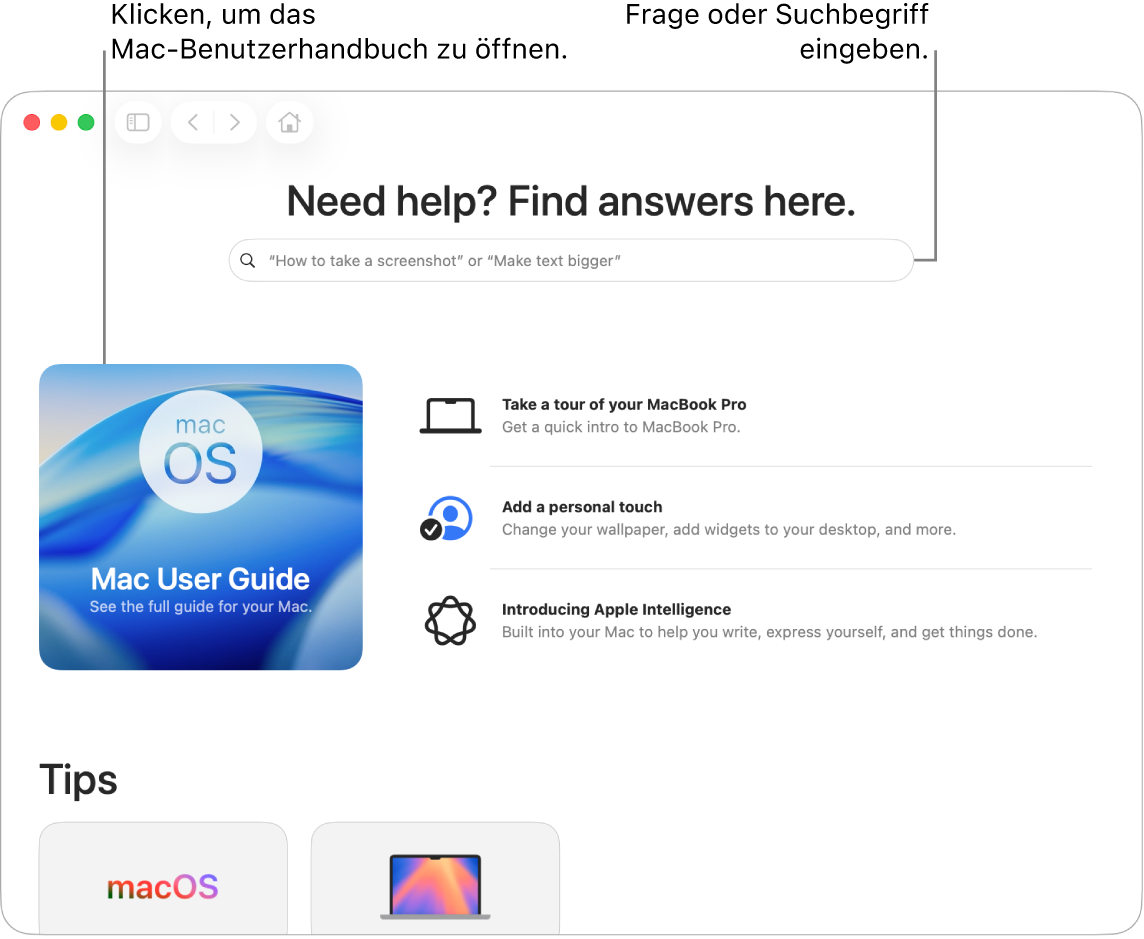 Die Startseite der App „Tipps“ zeigt das Mac – Benutzerhandbuch, das Suchfeld sowie empfohlene Themen.