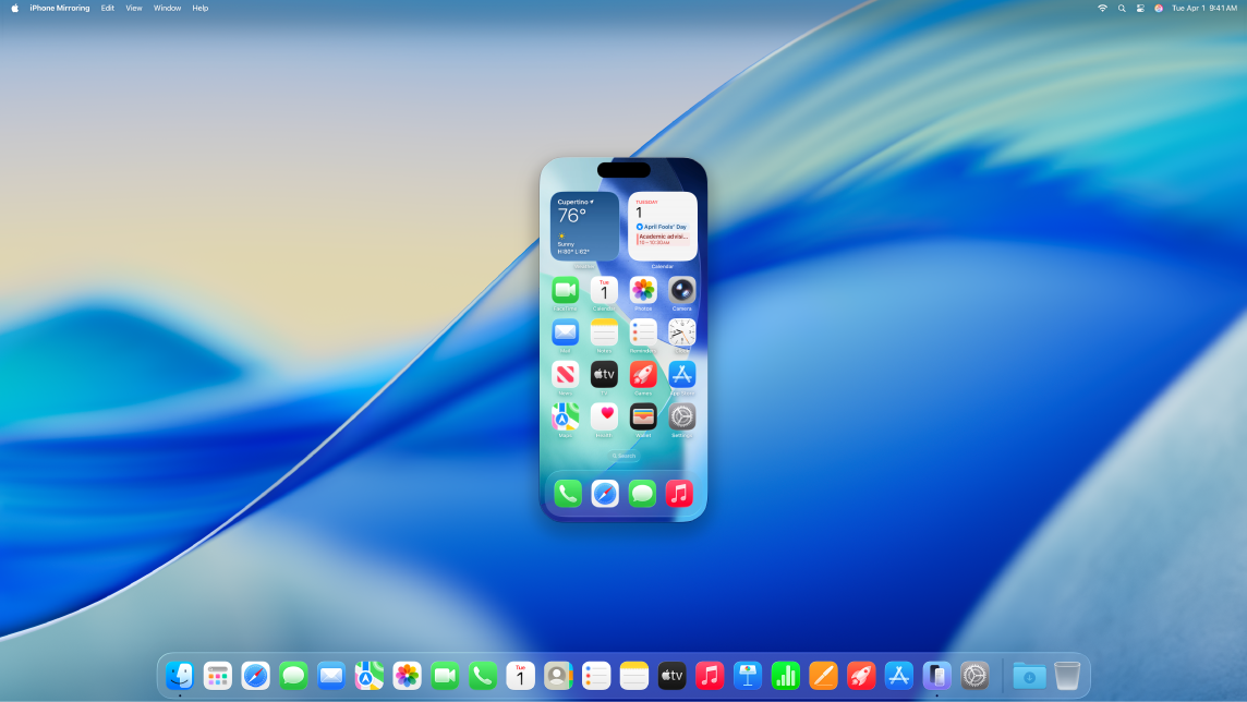 A Mac desktop with iPhone Mirroring.