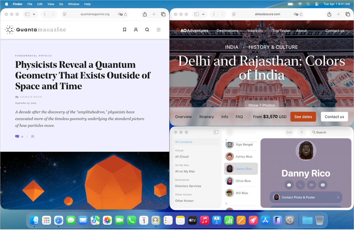A screen showing Safari tiled on the left and Safari and Contacts tiled on the right.