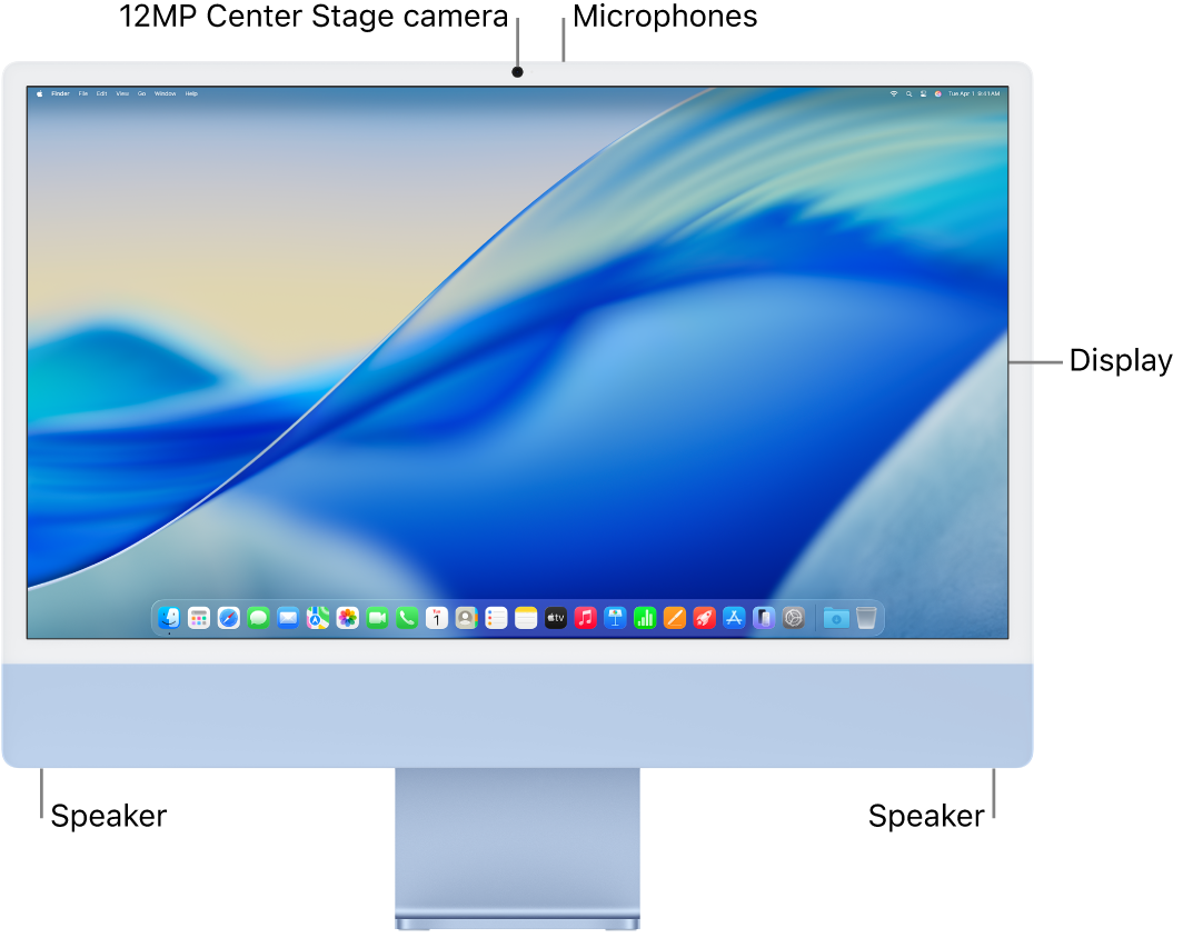 Front view of iMac showing the display, camera, microphones, and speakers.