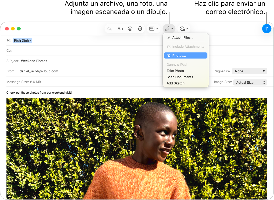Una ventanas de Mail muestra un mensaje nuevo a medio redactar. El menú desplegable muestra opciones para adjuntar fotos o para hacer una foto, escanear un documento o añadir un dibujo desde un dispositivo cercano.