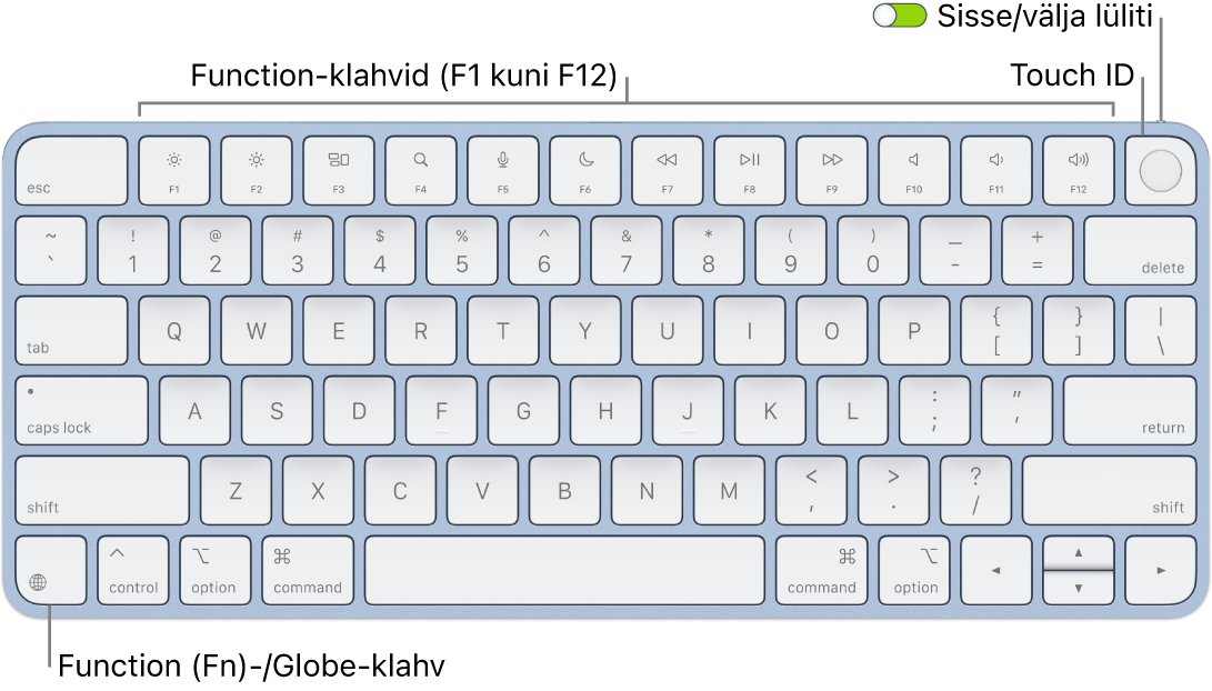 Touch ID-ga Magic Keyboard, mille ülaosas on funktsiooniklahvide rida, ülaosas Touch ID ning alumises vasakus nurgas klahv Function (Fn)/Globe.