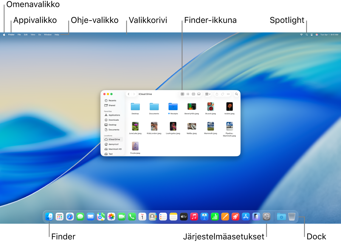 Macin näyttö, jossa näkyy Omenavalikko, Appivalikko, Ohje-valikko, valikkorivi, Finder-ikkuna, Spotlight-kuvake, Finder-kuvake, Järjestelmäasetukset-kuvake ja Dock.