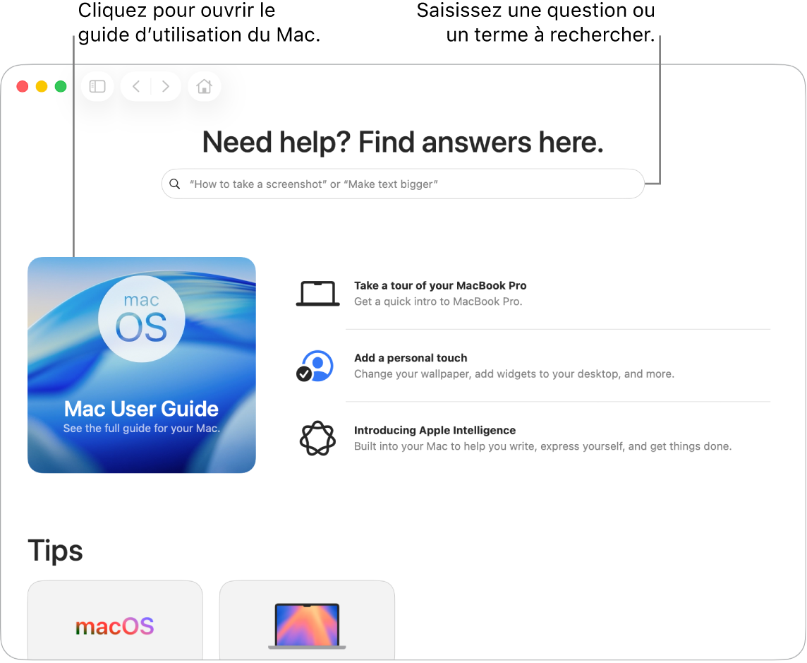 La page d'accueil de l’app Astuces affichant le guide d'utilisation du Mac, le champ de recherche et des rubriques suggérées.