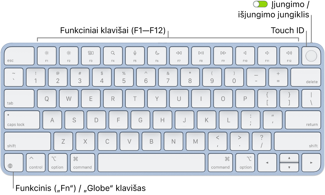 „Magic Keyboard“ su „Touch ID“, viršuje matosi funkcinių klavišų eilė, „Touch ID“, o apatiniame kairiajame kampe – klavišas „Function“ („Fn“) / „Globe“.