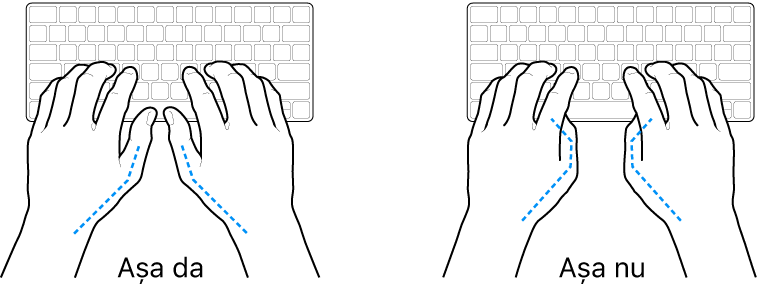 Mâini poziționate deasupra unei tastaturi, indicând alinierea corectă și incorectă a degetelor mari.
