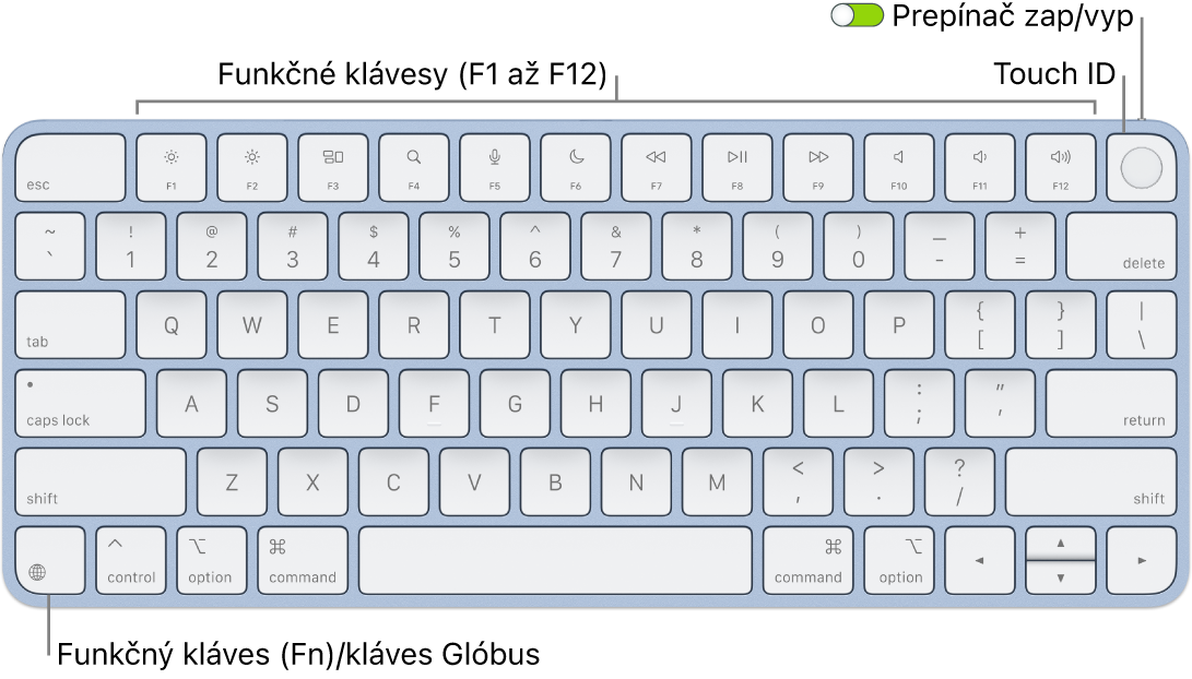 Klávesnica Magic Keyboard s Touch ID, na ktorej je vidieť rad funkčných klávesov a senzor Touch ID v hornej časti a funkčný kláves (Fn)/kláves so zemeguľou v ľavom dolnom rohu.