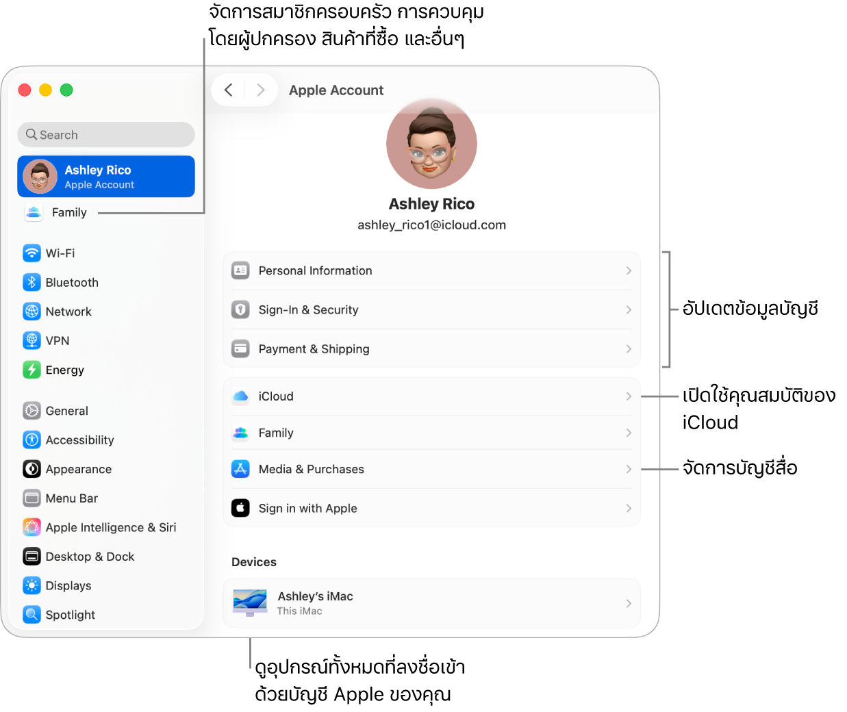 การตั้งค่าบัญชี Apple ในการตั้งค่าระบบที่มีตัวชี้บรรยายไปยังการอัปเดตข้อมูลบัญชี, เปิดใช้หรือปิดใช้คุณสมบัติ iCloud, จัดการบัญชีสื่อ และครอบครัว ซึ่งคุณสามารถจัดการสมาชิกครอบครัว การควบคุมโดยผู้ปกครอง การซื้อสินค้า และอื่นๆ ได้