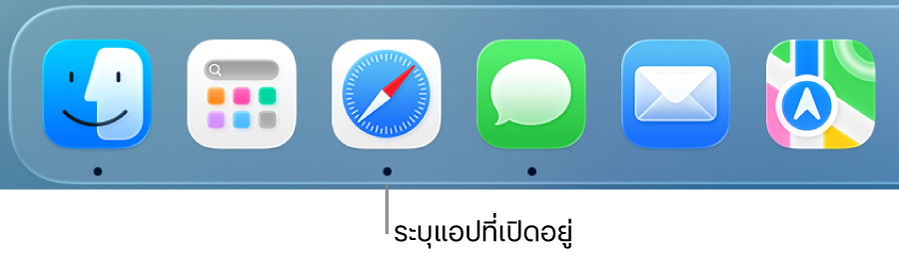 ส่วนหนึ่งของ Dock ที่แสดงจุดสีดำด้านใต้แอปที่เปิดอยู่