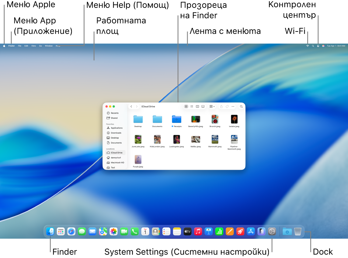 Екран на Mac, който показва менюто Apple, менюто за приложения, менюто Help (Помощ), работната площ, лентата с менюта, прозорец на Finder, иконката за Wi-Fi, иконката за Контролен център, иконката за Finder, иконката за Системни настройки и лентата Dock.