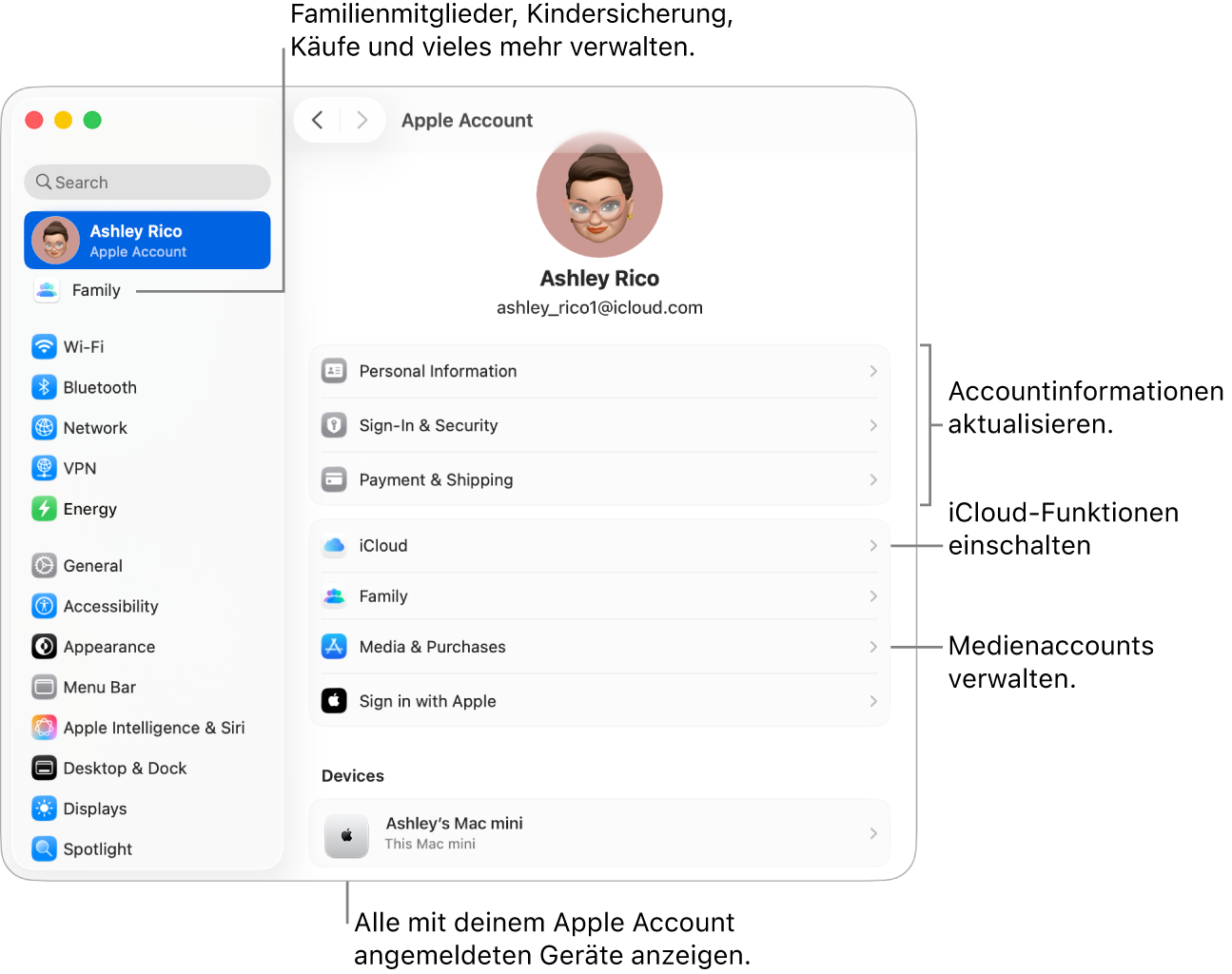 Die Einstellungen „Apple Account“ in den Systemeinstellungen mit Beschriftungen zum Aktualisieren der Accountinformationen, Ein- bzw. Ausschalten von iCloud-Funktionen, Verwalten von Medienaccounts und für die Funktion „Familie“, um Familienmitglieder, Kindersicherung, Käufe und mehr zu verwalten.
