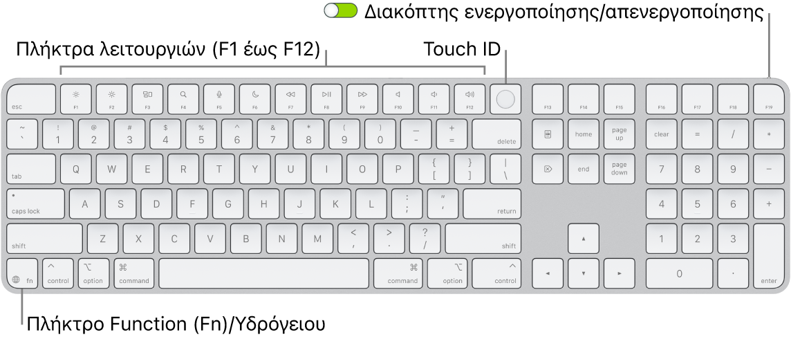 Το Magic Keyboard με Touch ID και αριθμητικό πληκτρολόγιο όπου φαίνονται η σειρά πλήκτρων λειτουργιών και το Touch ID στο πάνω μέρος, και το πλήκτρο Function (Fn)/Υδρογείου στα δεξιά του πλήκτρου Delete.