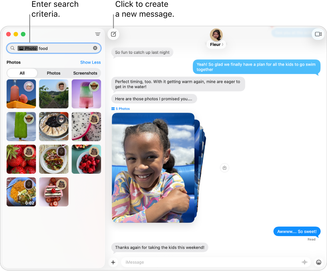 A Messages window showing search results on the left and a conversation on the right.