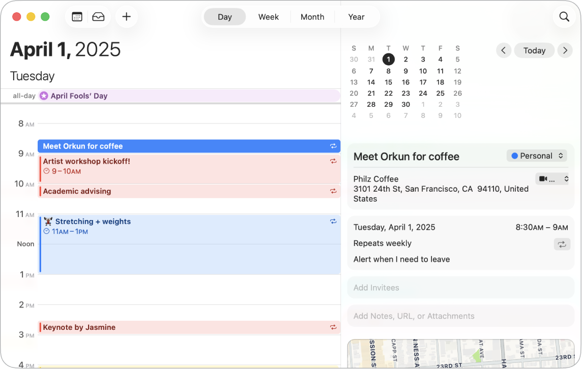 A Calendar window showing a new event being created at 1 pm. The Show Details window shows a location for the event, that the event is set to repeat weekly, and that Calendar will send an alert when it’s time to leave.