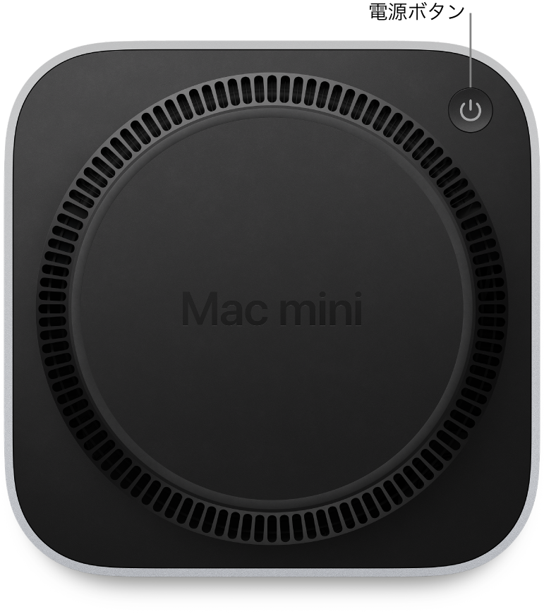 Mac miniの底面。電源ボタンが示されています。