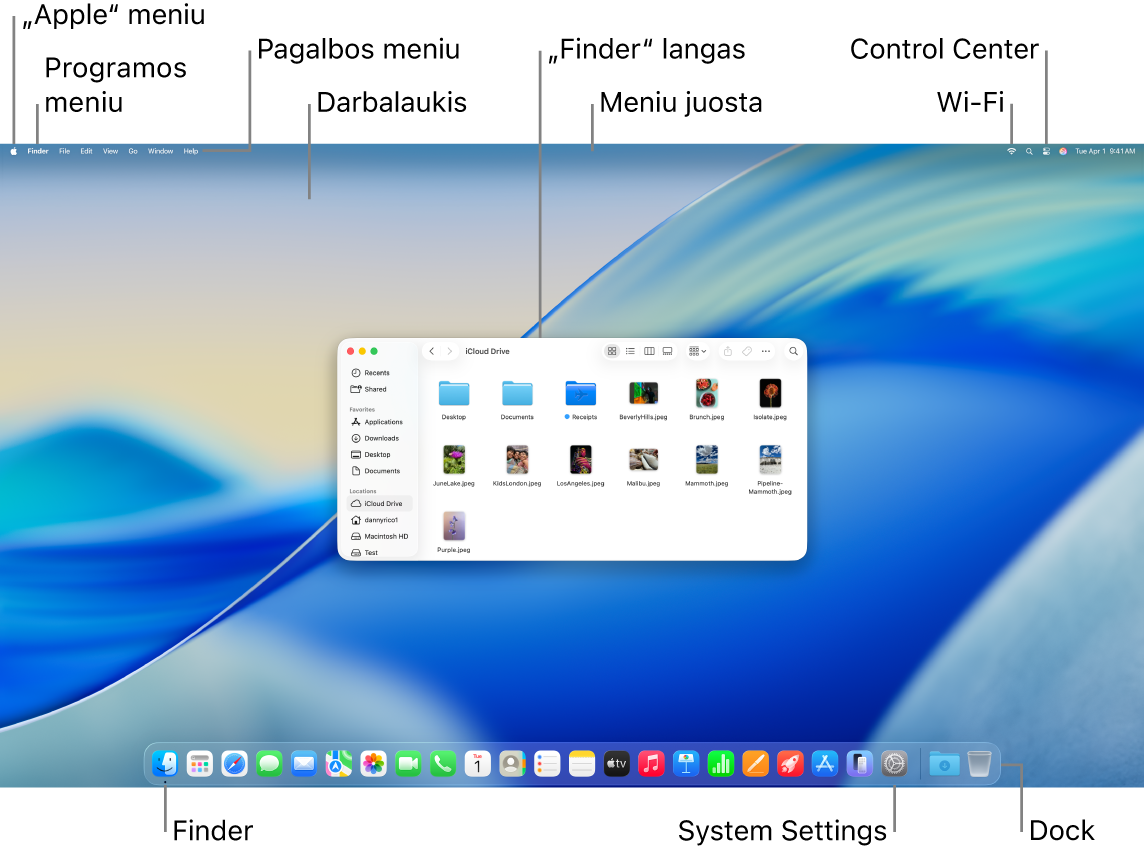 „Mac“ ekranas, kuriame matosi „Apple“ meniu, programos meniu, pagalbos meniu, darbalaukis, meniu juosta, „Finder“ langas, „Wi-Fi“ piktograma, „Control Center“ piktograma, „Finder“ piktograma, „System Settings“ piktograma ir „Dock“.