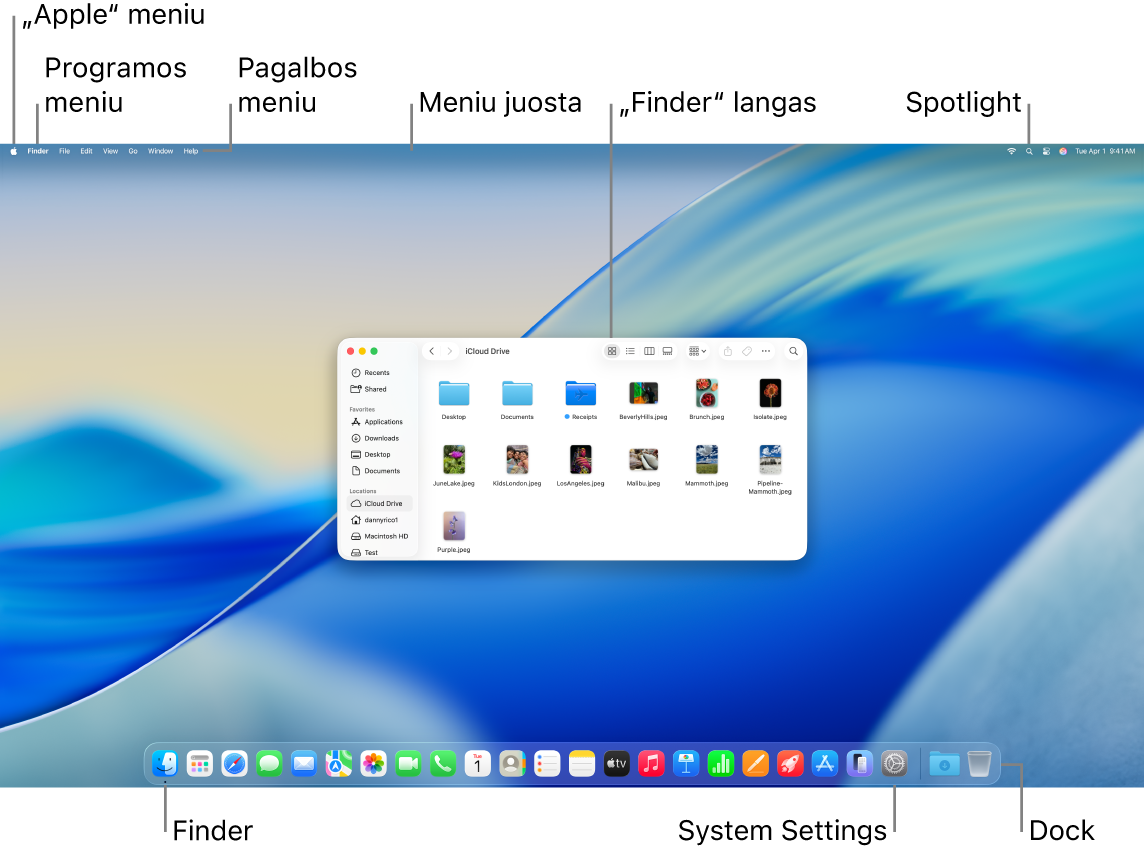 „Mac“ ekranas, kuriame matosi „Apple“ meniu, pagalbos meniu, meniu juosta, „Finder“ langas, „Spotlight“ piktograma, „Finder“ piktograma, „System Settings“ piktograma ir „Dock“.
