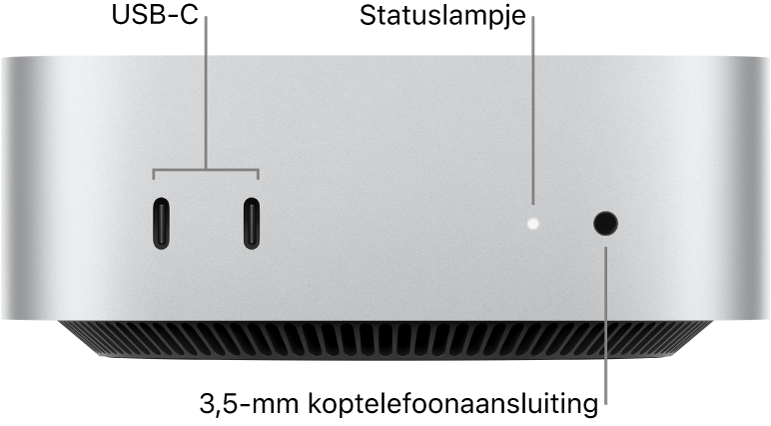 De voorkant van een Mac mini met twee USB-C-poorten, het statuslampje en een 3,5-mm koptelefoonaansluiting.