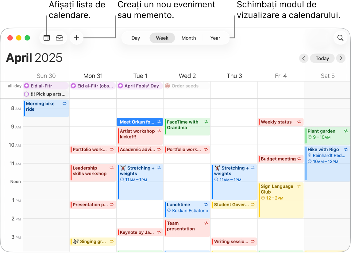 O fereastră Calendar afișând toate evenimentele și mementourile programate pentru o săptămână. Săgeți îndreptate către butoanele care afișează lista de calendare, creează un eveniment sau un memento și schimbă vizualizarea la Zi, Săptămână, Lună sau An.