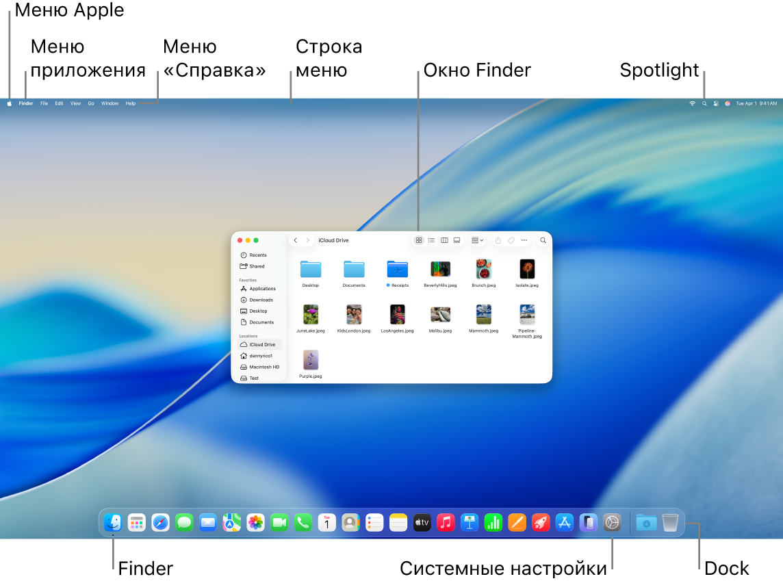 Экран компьютера Mac. Показаны меню Apple, меню приложения, меню «Справка», строка меню, окно Finder, значок Spotlight, значок Finder, значок Системных настроек и панель Dock.