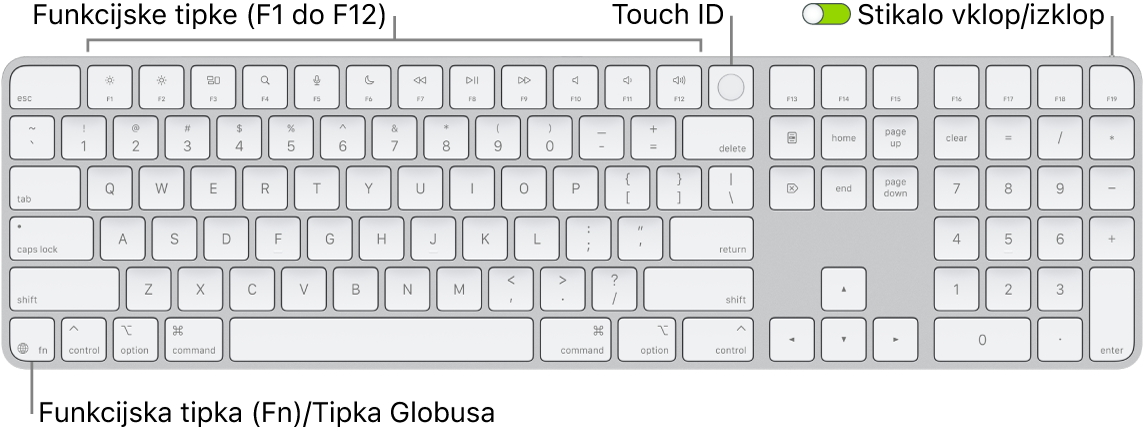 Tipkovnica Magic Keyboard s funkcijo Touch ID in numerično tipkovnico, ki prikazuje vrstico funkcijskih tipk in Touch ID-jem na vrhu, ter funkcijsko tipko (Fn)/globus desno od tipke Delete.