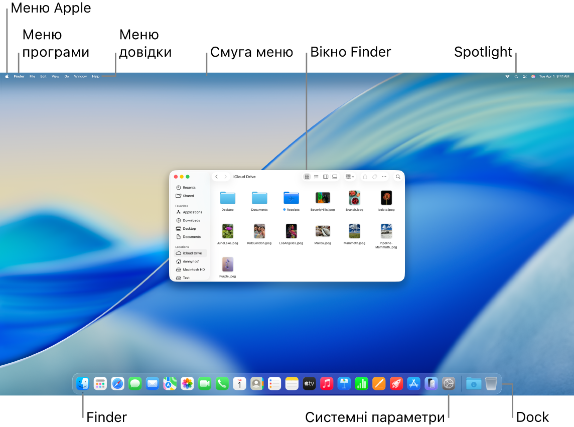 Екран Mac, на якому показано меню Apple, меню «Довідка», смугу меню, вікно Finder, іконку Spotlight, іконку Finder, іконку «Системні параметри» та панель Dock.
