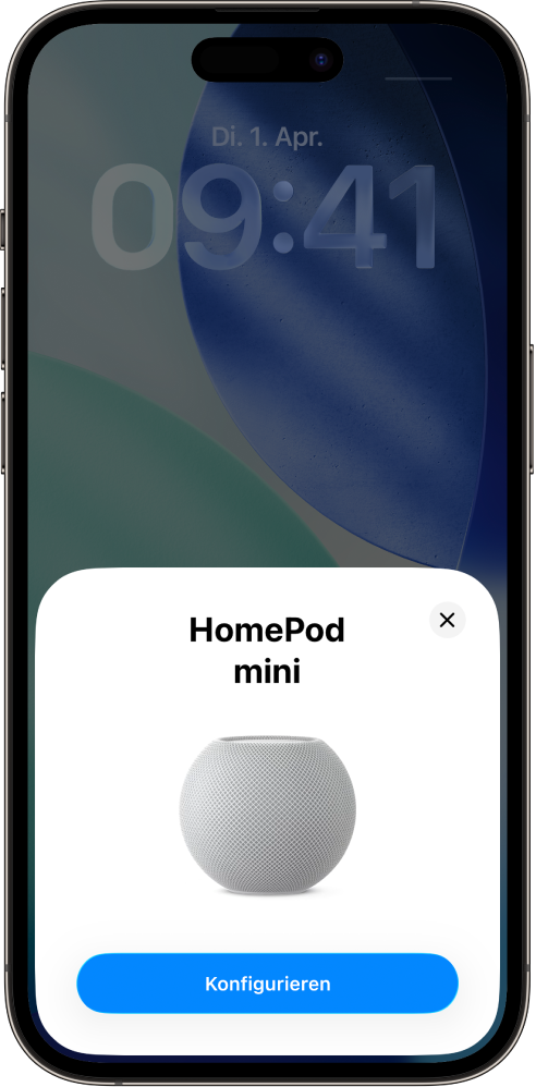 Der Konfigurationsbildschirm wird angezeigt, wenn du dein iPhone oder iPad nahe an den HomePod hältst.